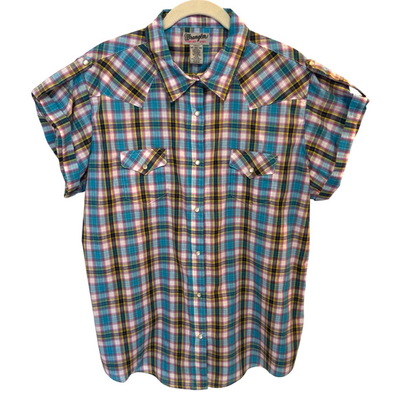 Wrangler Wrancher Pearl Snap Short Sleeve Shirt Plaid Cowgirl Rodeo Women's XXL - Picture 1 of 7